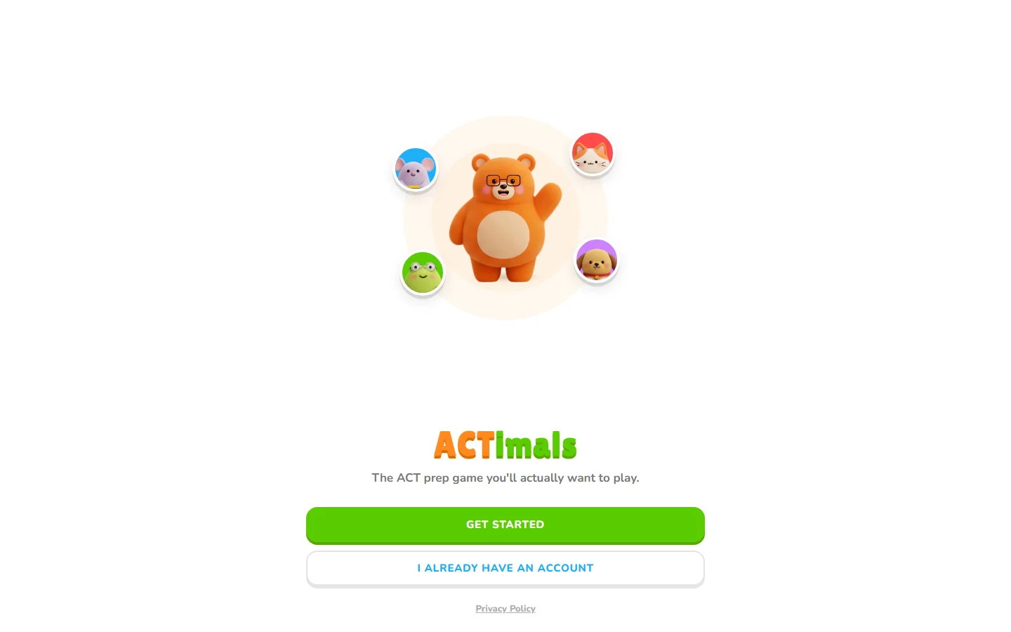 The ACTimals website: Bruno the bear and friends with a Get Started button